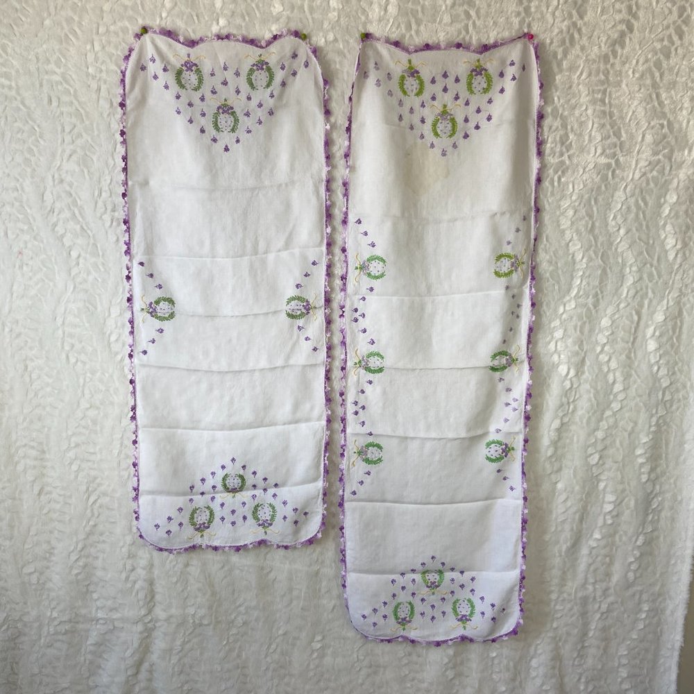 Vintage set 2 Linen Handmade embroidery Floral Crocheted Bordered edges Runners - Picture 3 of 10